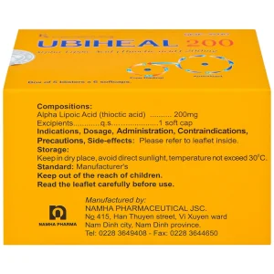 Thuốc Ubiheal 200 Nam Hà điều trị các rối loạn cảm giác do bệnh thần kinh đái tháo đường (5 vỉ x 6 viên)