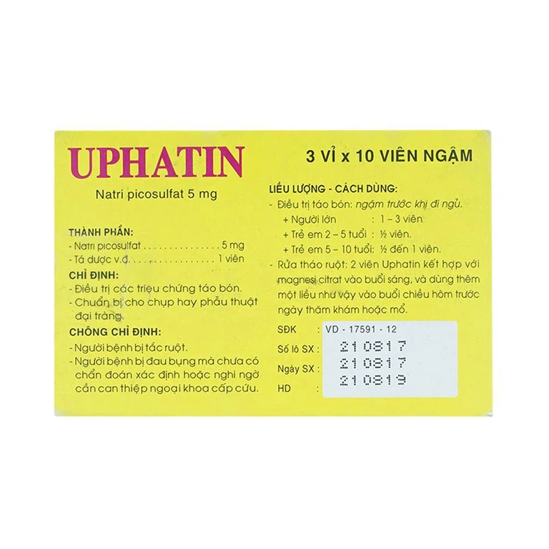 Viên ngậm Uphatin 5mg Uphace điều trị các triệu chứng táo bón (3 vỉ x 10 viên)