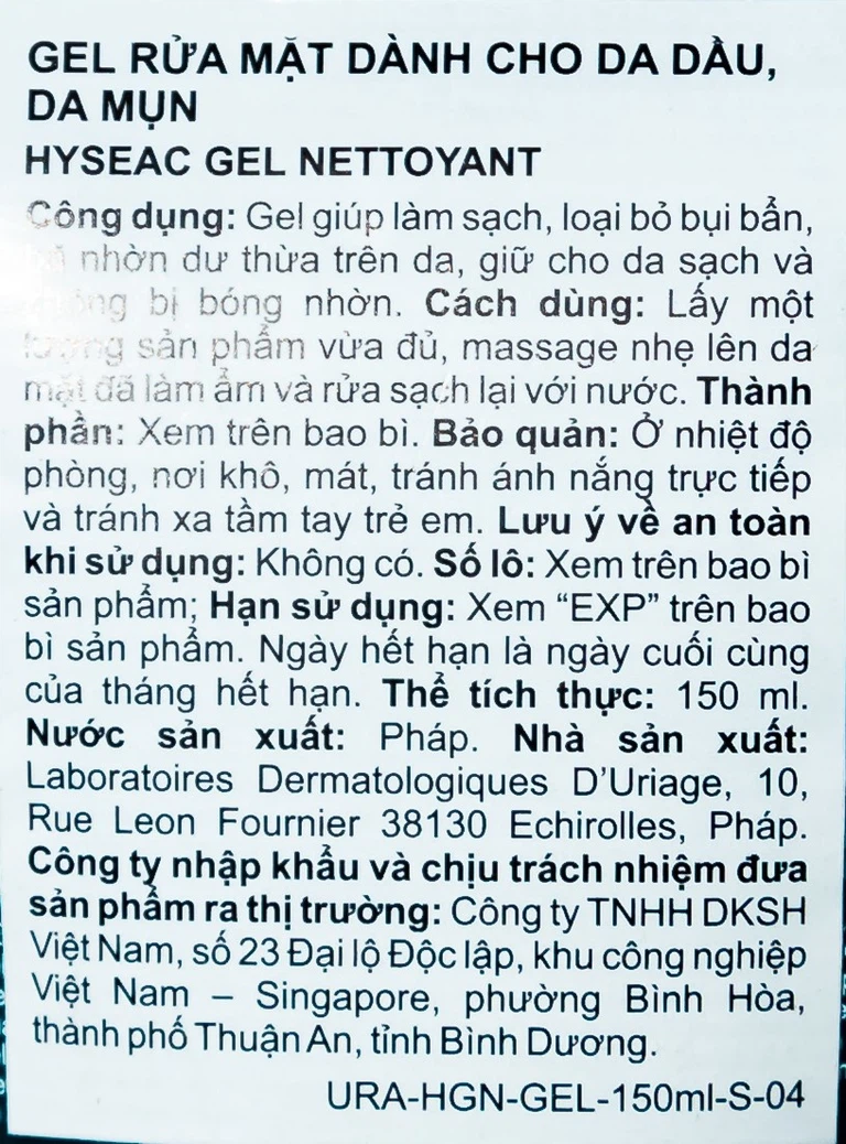 Gel rửa mặt dành cho da dầu da mụn Uriage Hyséac Gel Nettoyant (150ml)