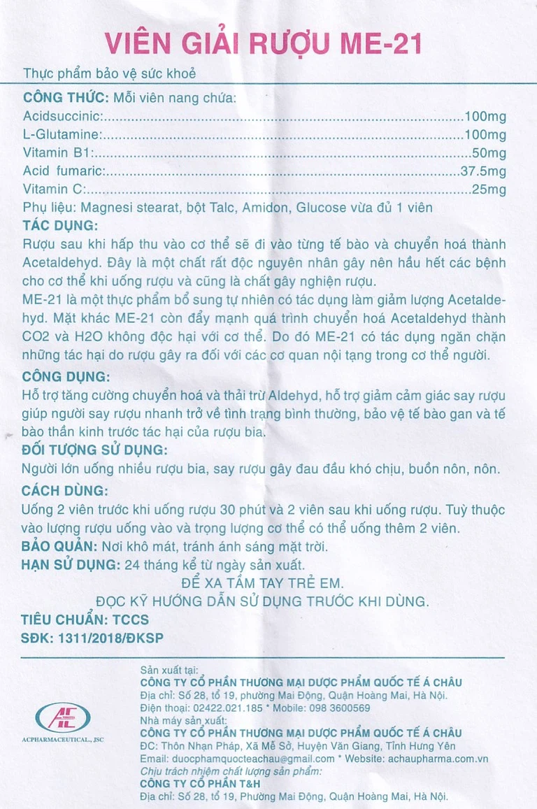 Viên giải rượu ME-21 Á Châu điều hóa chuyển hóa rượu (1 vỉ x 4 viên)
