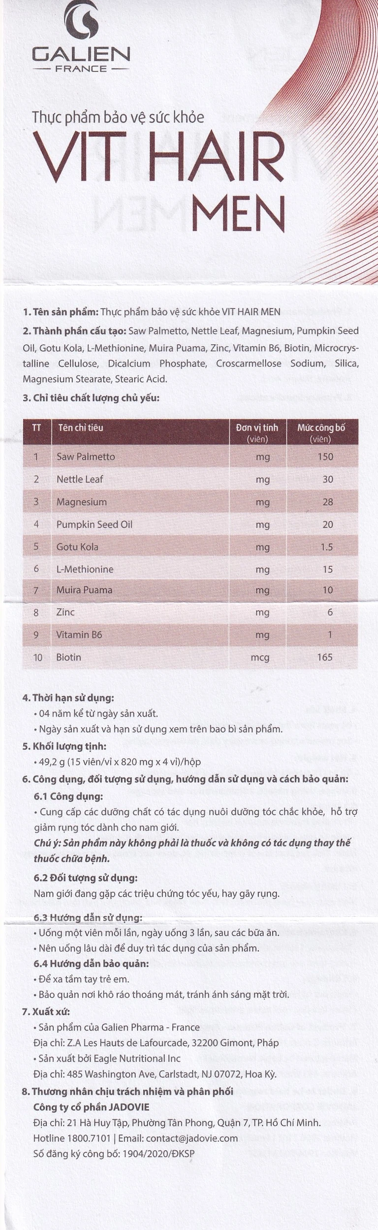 Viên uống Vit Hair Men Galien hỗ trợ giảm rụng tóc dành cho nam giới (4 vỉ x 15 viên)