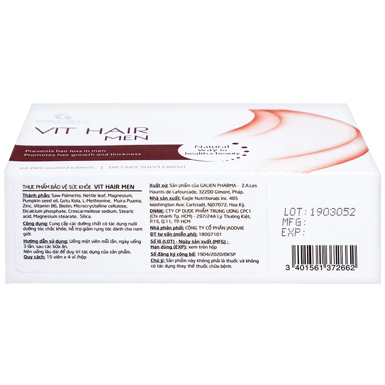 Viên uống Vit Hair Men Galien hỗ trợ giảm rụng tóc dành cho nam giới (4 vỉ x 15 viên)