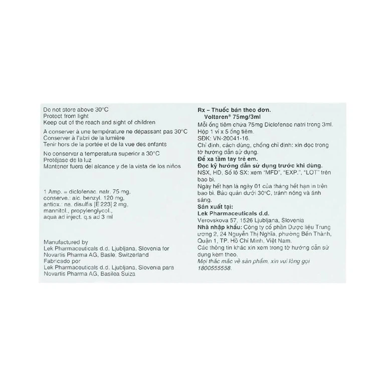 Thuốc tiêm Voltaren 75mg/3ml Novartis điều trị đợt cấp viêm và thoái hóa thấp khớp (1 vỉ x 5 ống x 3ml)