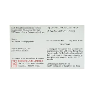 Thuốc Yesom 40 Hetero điều trị loét dạ dày - tá tràng lành tính (3 vỉ x 10 viên)