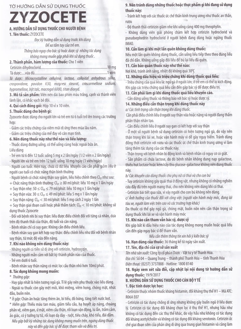 Thuốc Zyzocete Thephaco giảm triệu chứng viêm mũi dị ứng, mày đay (10 vỉ x 10 viên)