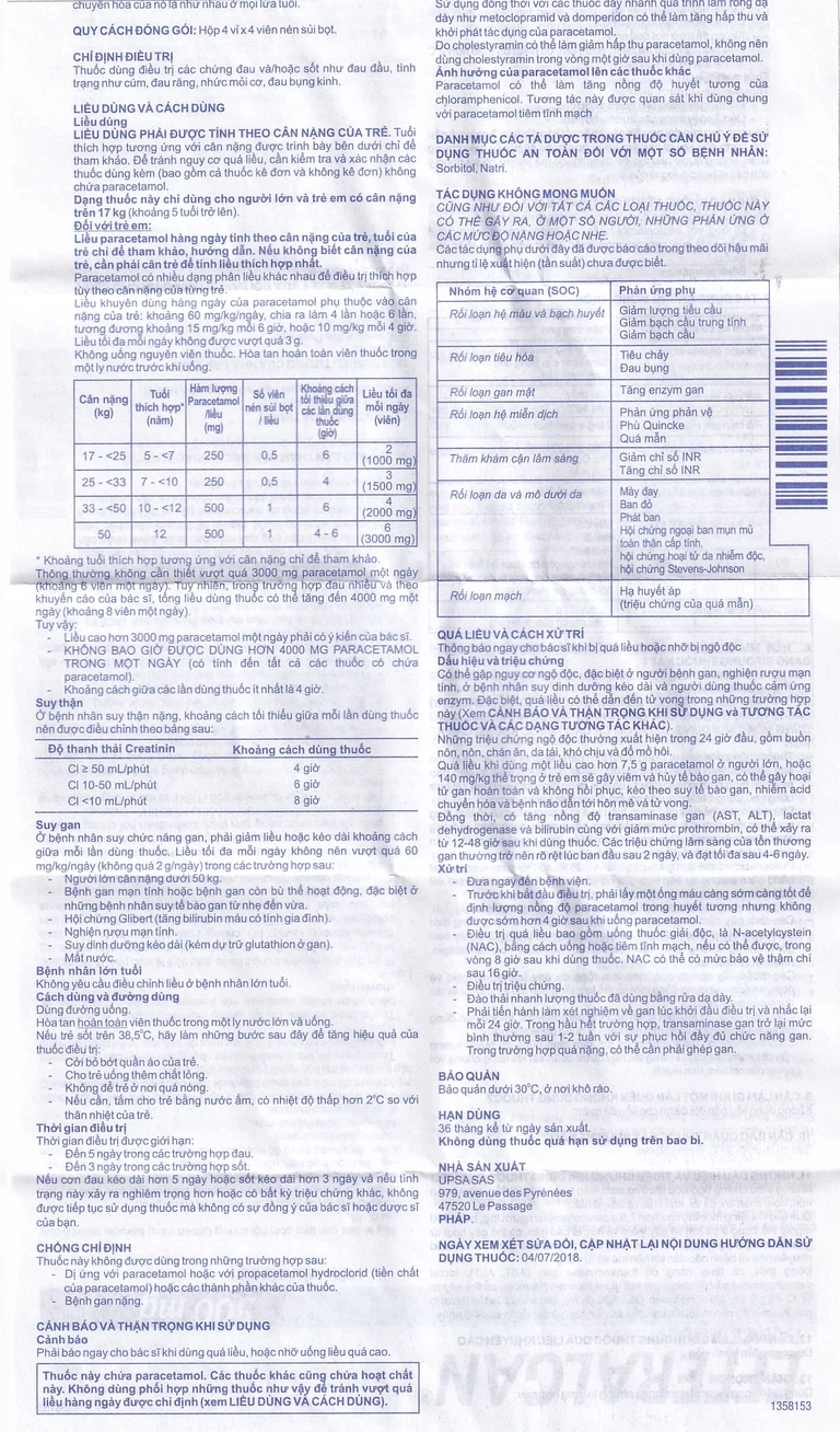 Viên sủi Efferalgan 500mg UPSA SAS giảm đau, hạ sốt (4 vỉ x 4 viên)