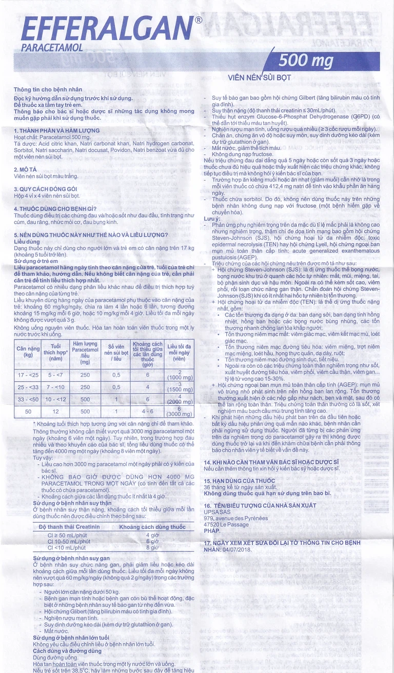 Viên sủi Efferalgan 500mg UPSA SAS giảm đau, hạ sốt (4 vỉ x 4 viên)