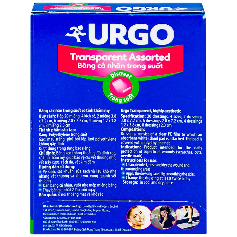 Băng cá nhân trong suốt Urgo Transparent Assorted bảo vệ các vết thương nhỏ, vết trầy xước, rách da (20 miếng)