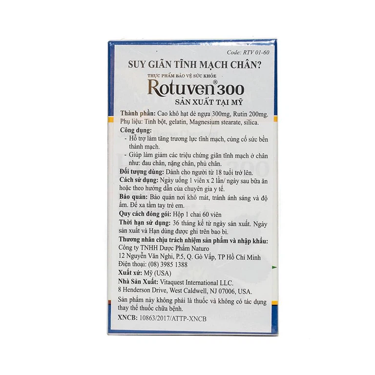 Viên uống Rotuven 300 Garden State Nutritionals điều trị suy giãn tĩnh mạch chân (60 viên)
