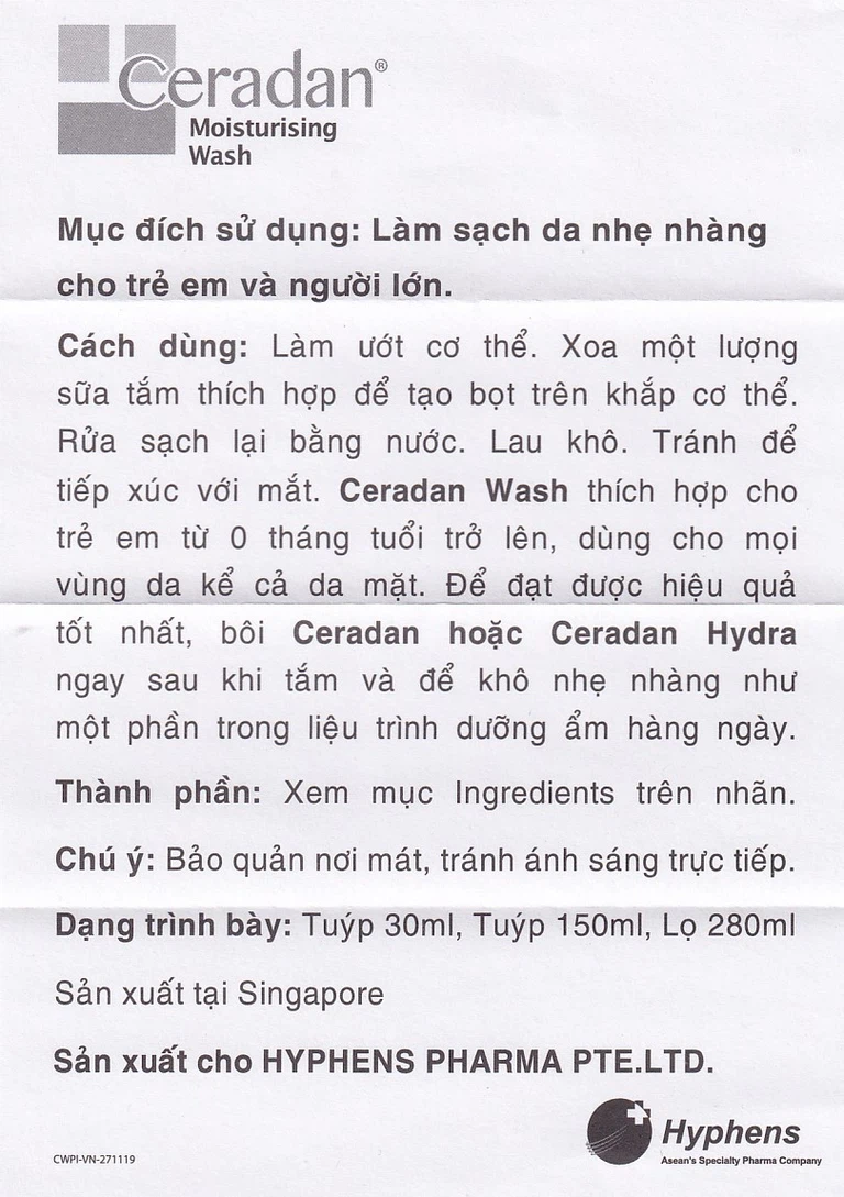 Sữa tắm Ceradan Moisturising Wash 280ml dùng cho mọi vùng da kể cả da mặt