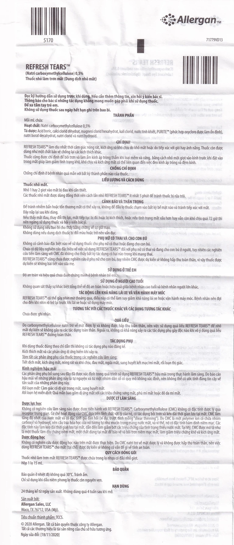 Thuốc nhỏ mắt Refresh Tears Allergan giảm khô mắt, mắt đỏ (15ml)