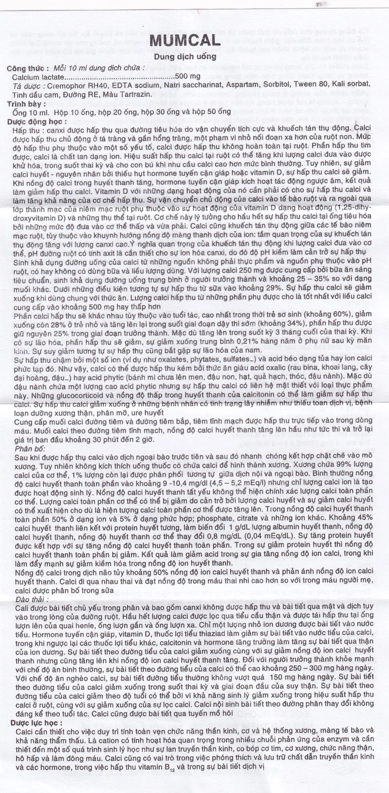Dung dịch uống Mumcal 500mg Phương Đông bổ sung Canxi cho phụ nữ mang thai (20 ống x 10ml)