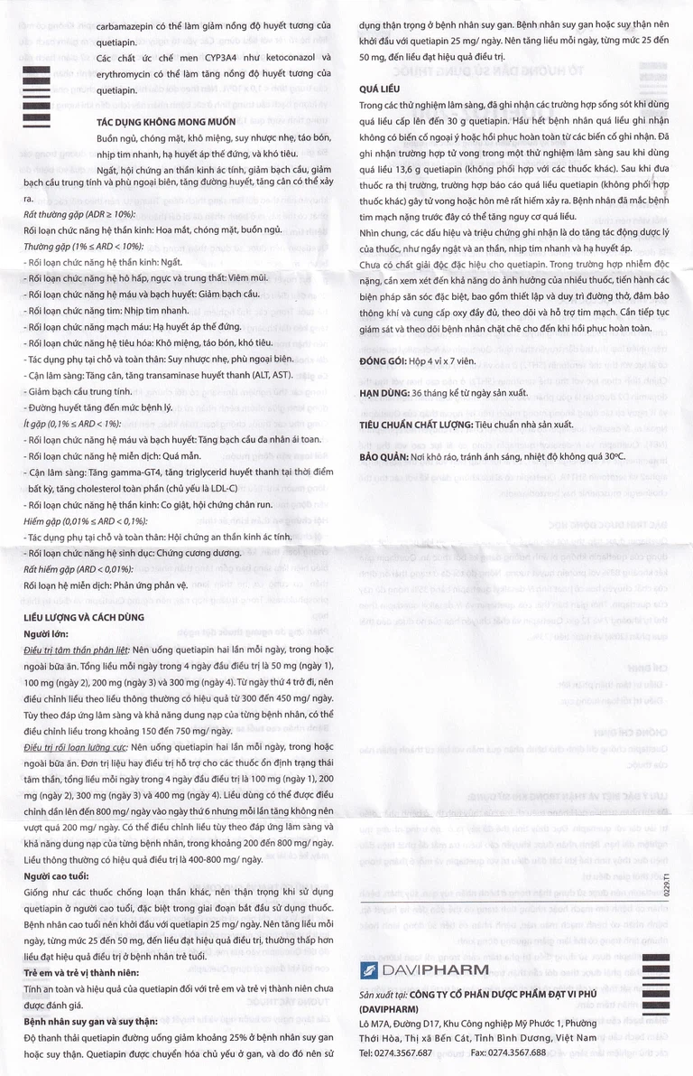 Thuốc Queitoz-200 Davipharm điều trị tâm thần phân liệt (4 vỉ x 7 viên)
