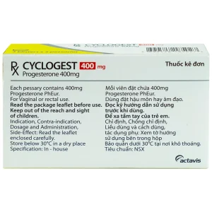 Viên đặt Cyclogest 400mg Actavis điều trị các hội chứng tiền kinh, trầm cảm (3 vỉ x 5 viên)