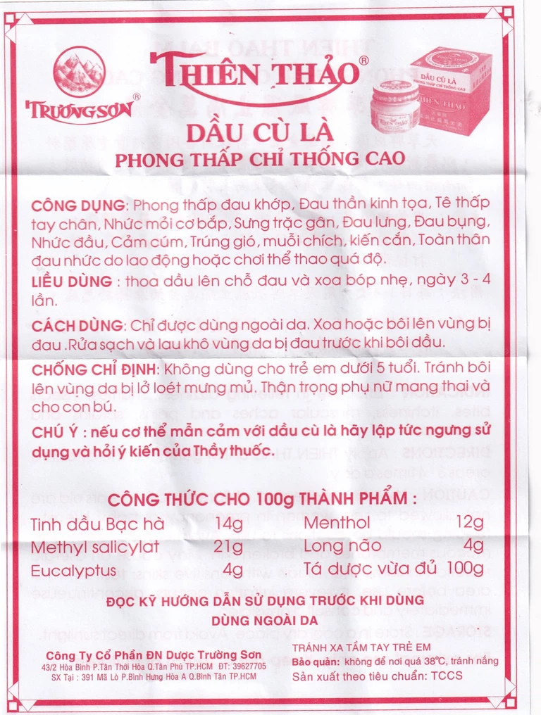Dầu cù là Thiên Thảo Trường Sơn hỗ trợ giảm đau thần kinh tọa, phong thấp (12 lọ x 30g)