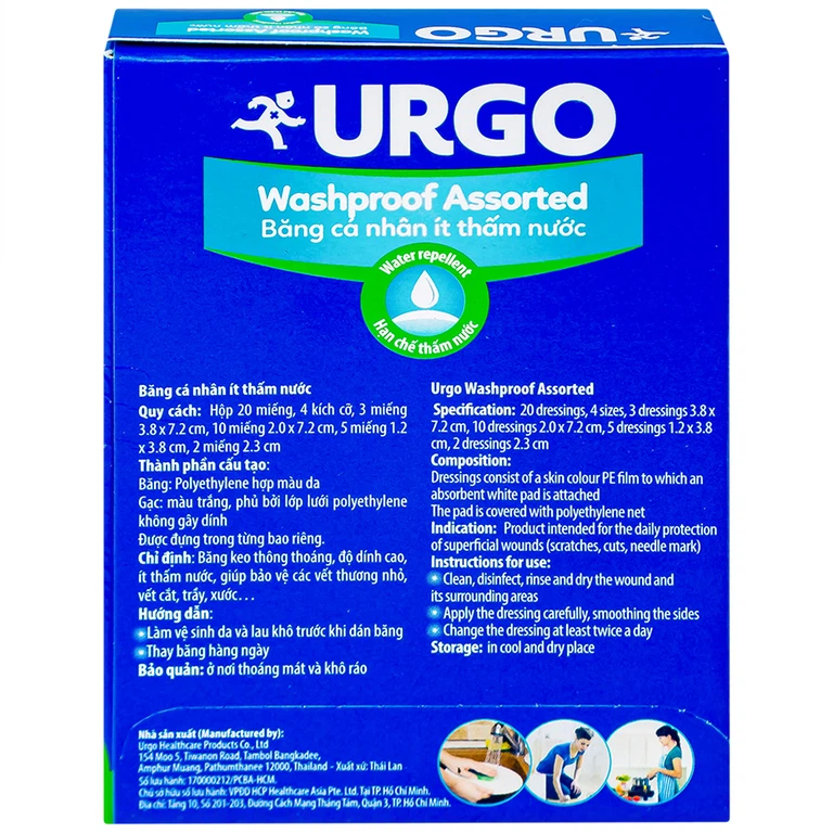 Băng cá nhân ít thấm nước Urgo Washproof Assorted bảo vệ vết thương khỏi nước (20 miếng)