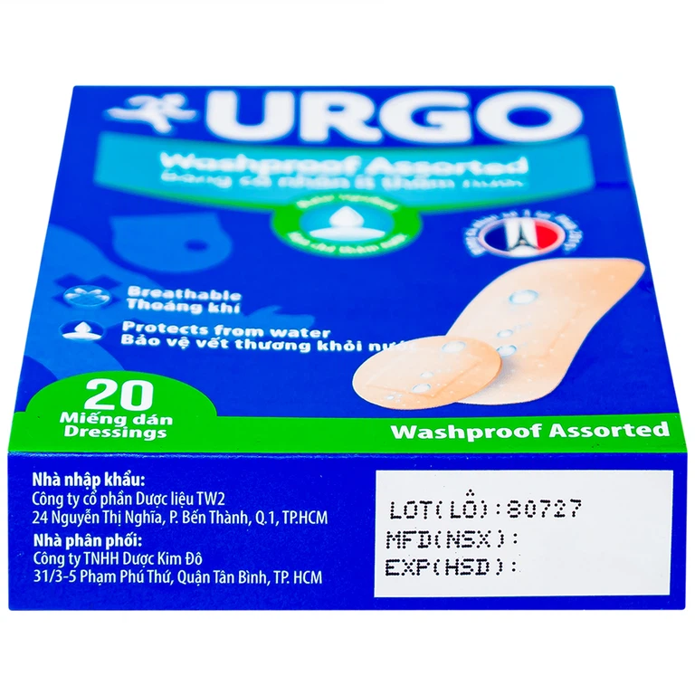 Băng cá nhân ít thấm nước Urgo Washproof Assorted bảo vệ vết thương khỏi nước (20 miếng)