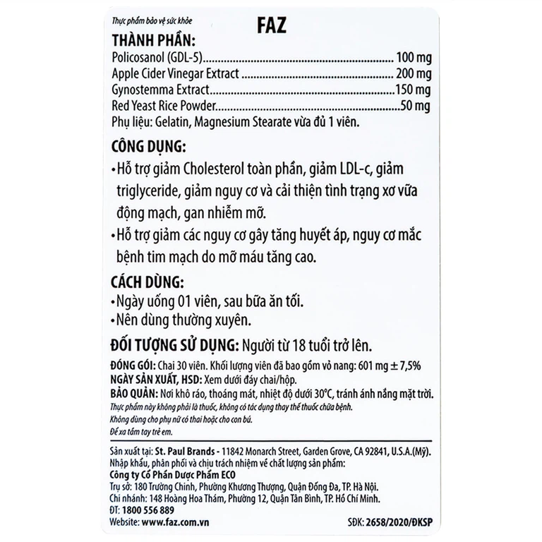Viên uống FAZ Ecogreen hỗ trợ giảm cholesterol toàn phần, giảm LDL-c (30 viên)