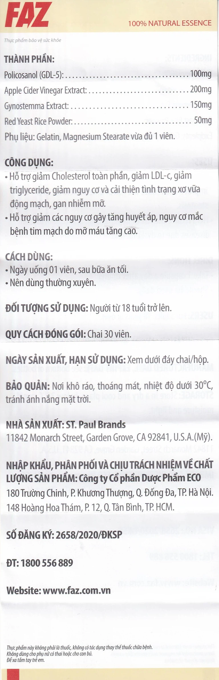 Viên uống FAZ Ecogreen hỗ trợ giảm cholesterol toàn phần, giảm LDL-c (30 viên)