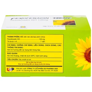 Thuốc Fexofenadin 120-HV USP điều trị viêm mũi dị ứng theo mùa, mày đay mạn tính vô căn (10 vỉ x 10 viên)