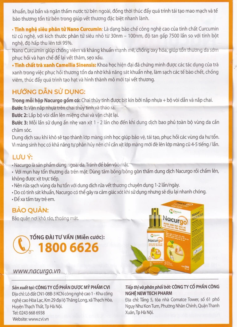 Dung dịch xịt Nacurgo Đại Bắc tạo màng sinh học tái tạo da tổn thương (30ml)