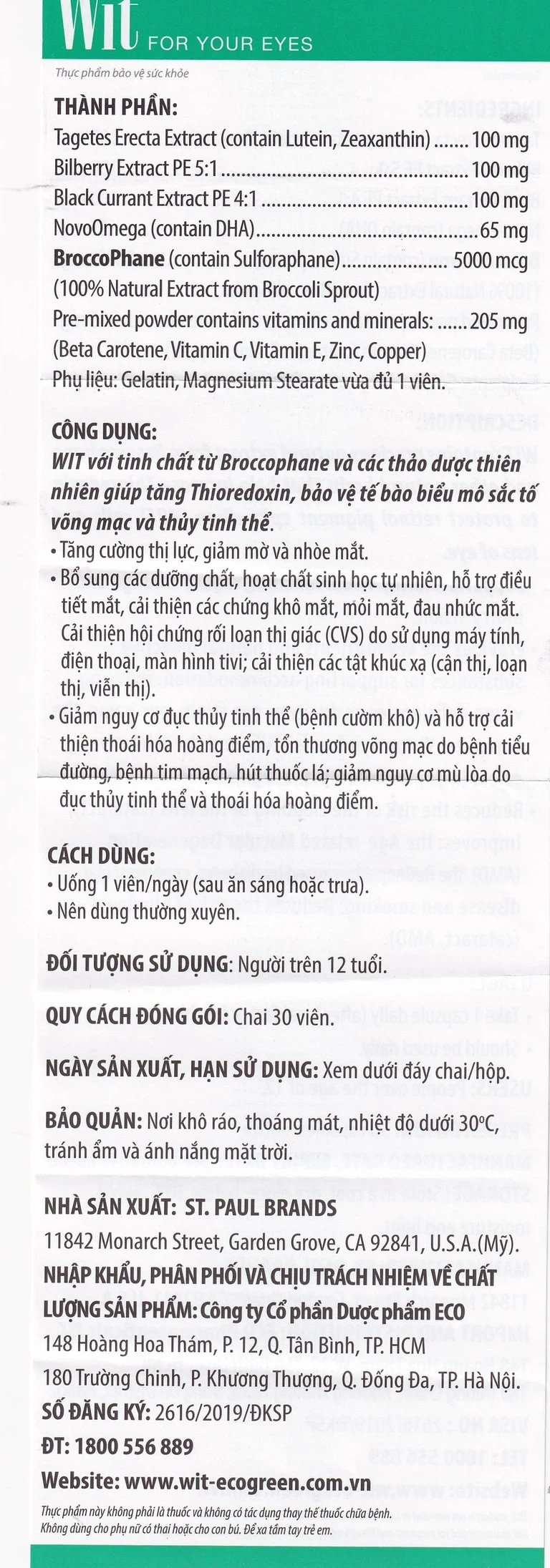 Viên nang WIT For Your Eyes Ecogreen tăng cường thị lực, giảm mờ và nhòe mắt (30 viên)