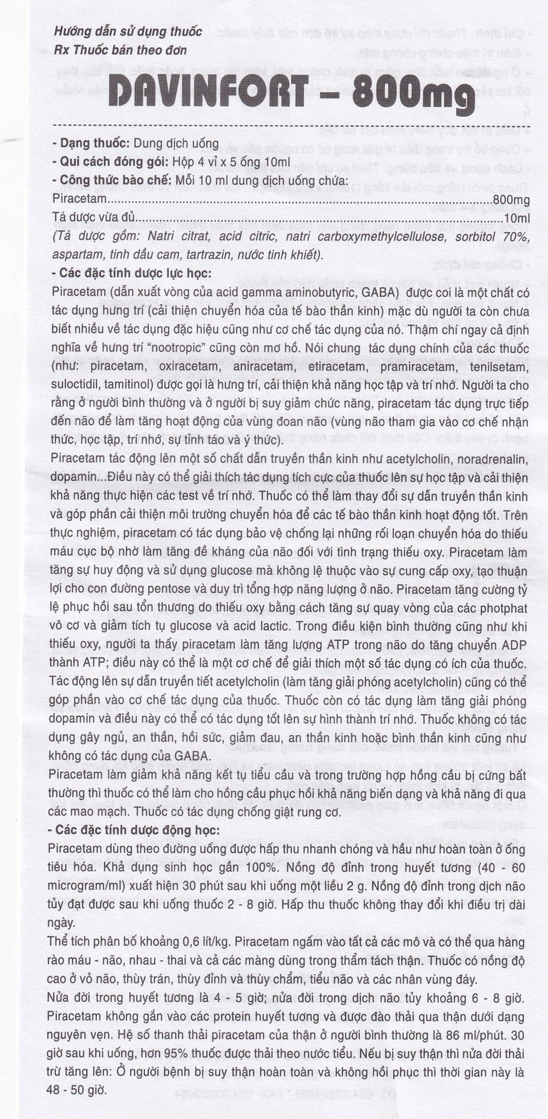 Dung dịch Davinfort 800mg/10ml Hataphar điều trị chứng chóng mặt (20 ống x 10ml)