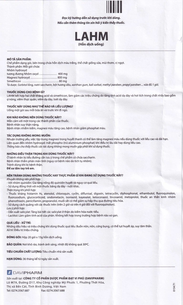 Hỗn dịch uống LAHM DaviPharm kháng acid, chống đầy hơi, ợ nóng, viêm thực quản, viêm dạ dày (20 gói x 15g)