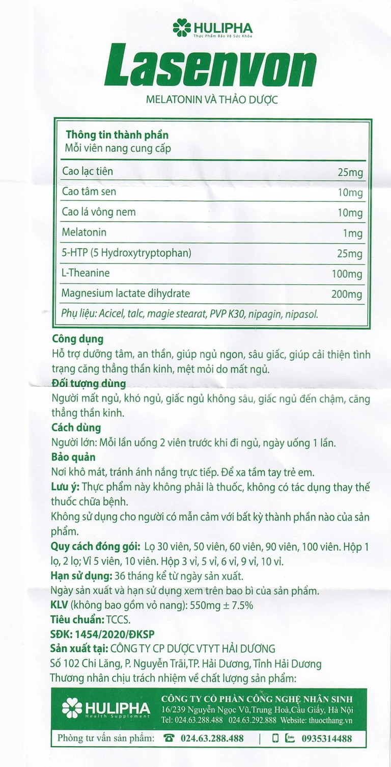 Viên uống Lasenvon Hulipha hỗ trợ dưỡng tâm, an thần, ngủ ngon (60 viên)