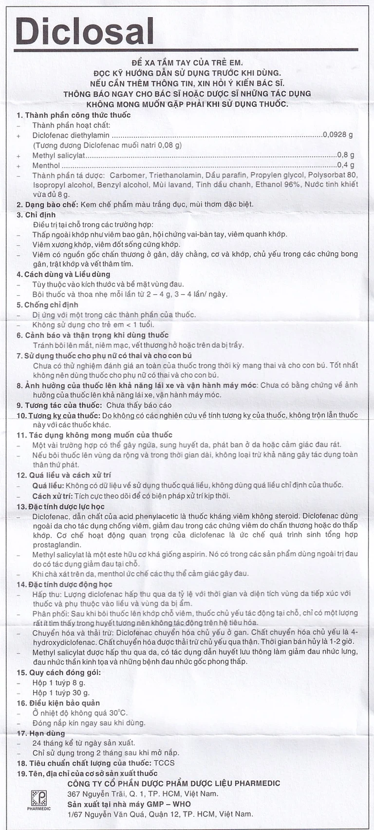 Kem bôi da Diclosal Cream Pharmedic điều trị thấp ngoài khớp, viêm xương khớp (8g)
