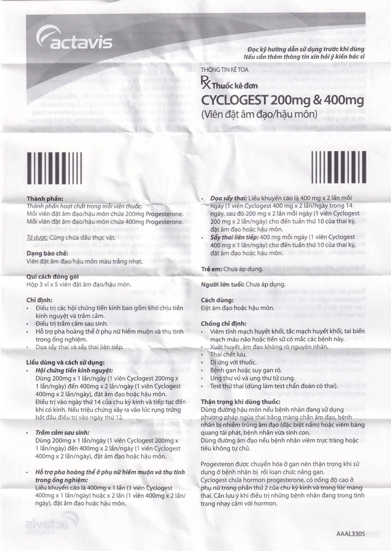 Viên đặt Cyclogest 200mg Actavis điều trị các hội chứng tiền kinh, trầm cảm (3 vỉ x 5 viên)