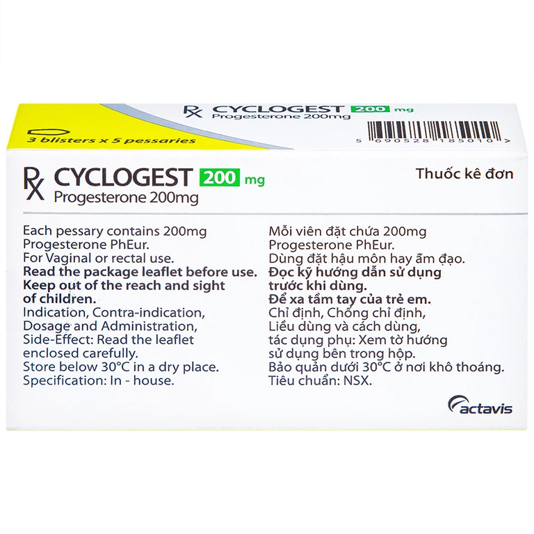 Viên đặt Cyclogest 200mg Actavis điều trị các hội chứng tiền kinh, trầm cảm (3 vỉ x 5 viên)