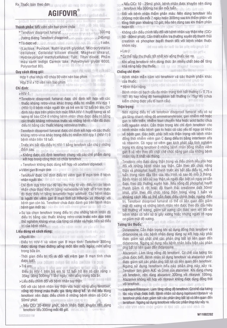 Thuốc Agifovir 300mg Agimexpharm hỗ trợ điều trị HIV-1, viêm gan B mạn tính (3 vỉ x 10 viên)