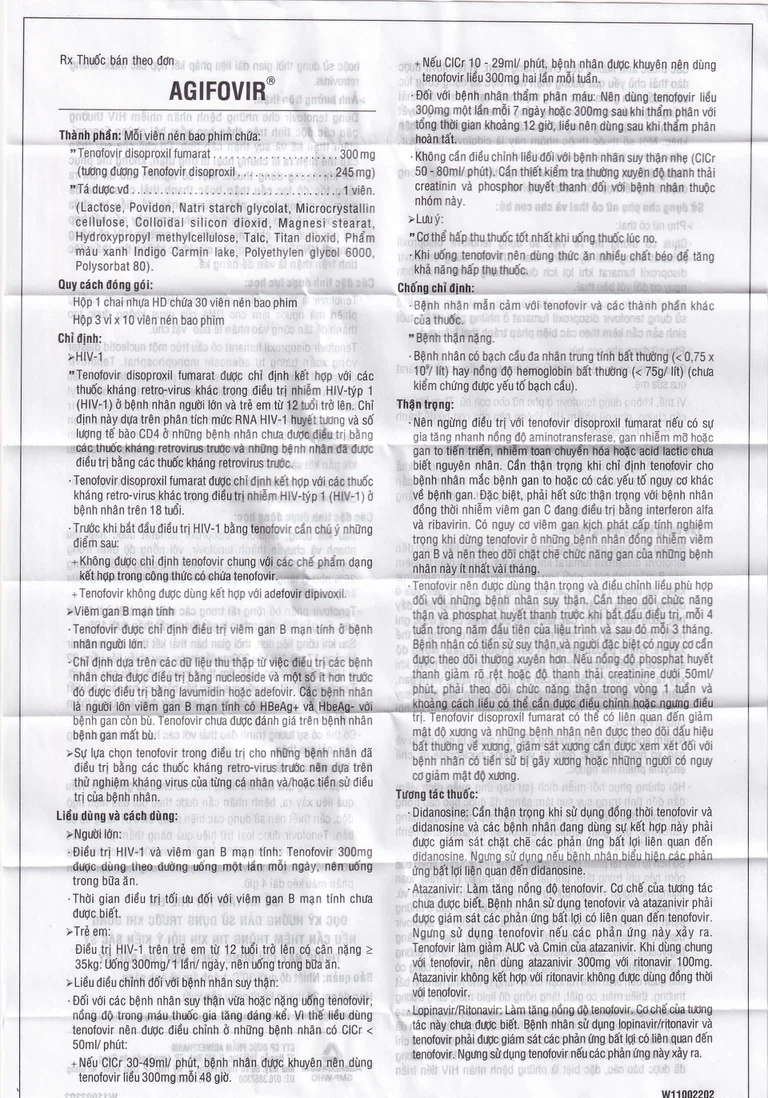 Thuốc Agifovir 300mg Agimexpharm hỗ trợ điều trị HIV-1, viêm gan B mạn tính (3 vỉ x 10 viên)