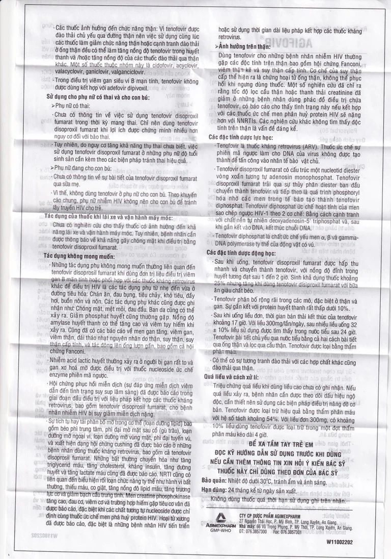 Thuốc Agifovir 300mg Agimexpharm hỗ trợ điều trị HIV-1, viêm gan B mạn tính (3 vỉ x 10 viên)