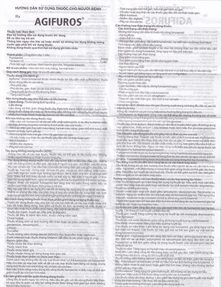 Thuốc Agifuros 40mg Agimexpharm điều trị phù phổi cấp, phù do tim, gan, thận (10 vỉ x 25 viên)