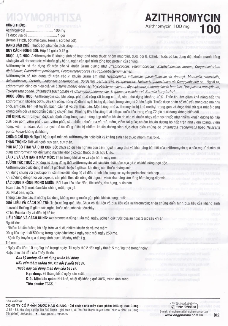 Bột Azithromycin 100 DHG điều trị nhiễm khuẩn (24 gói)