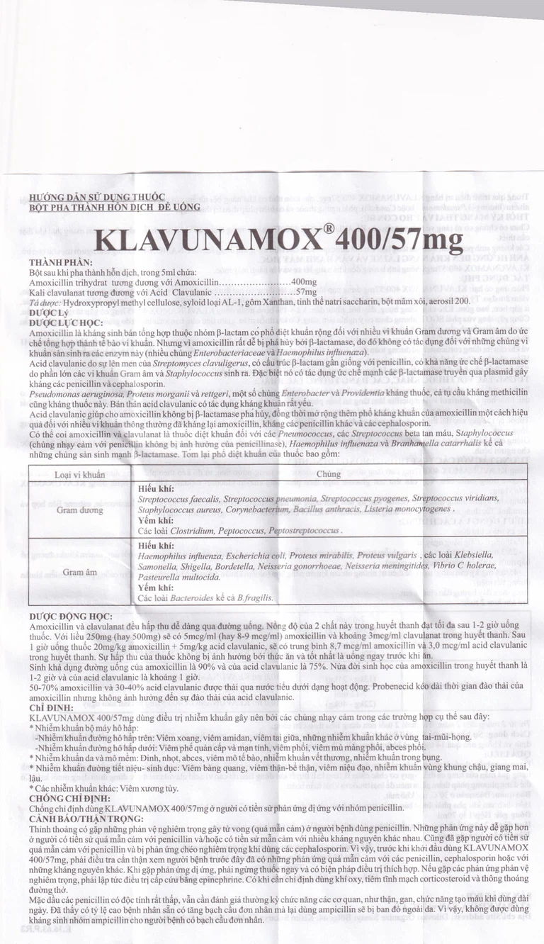 Bột pha hỗn dịch uống Klavunamox 400/57mg Atabay điều trị nhiễm khuẩn nặng đường hô hấp (70ml)