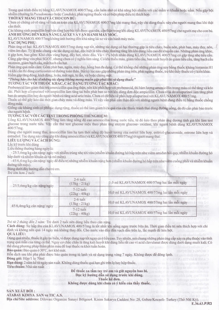 Bột pha hỗn dịch uống Klavunamox 400/57mg Atabay điều trị nhiễm khuẩn nặng đường hô hấp (70ml)