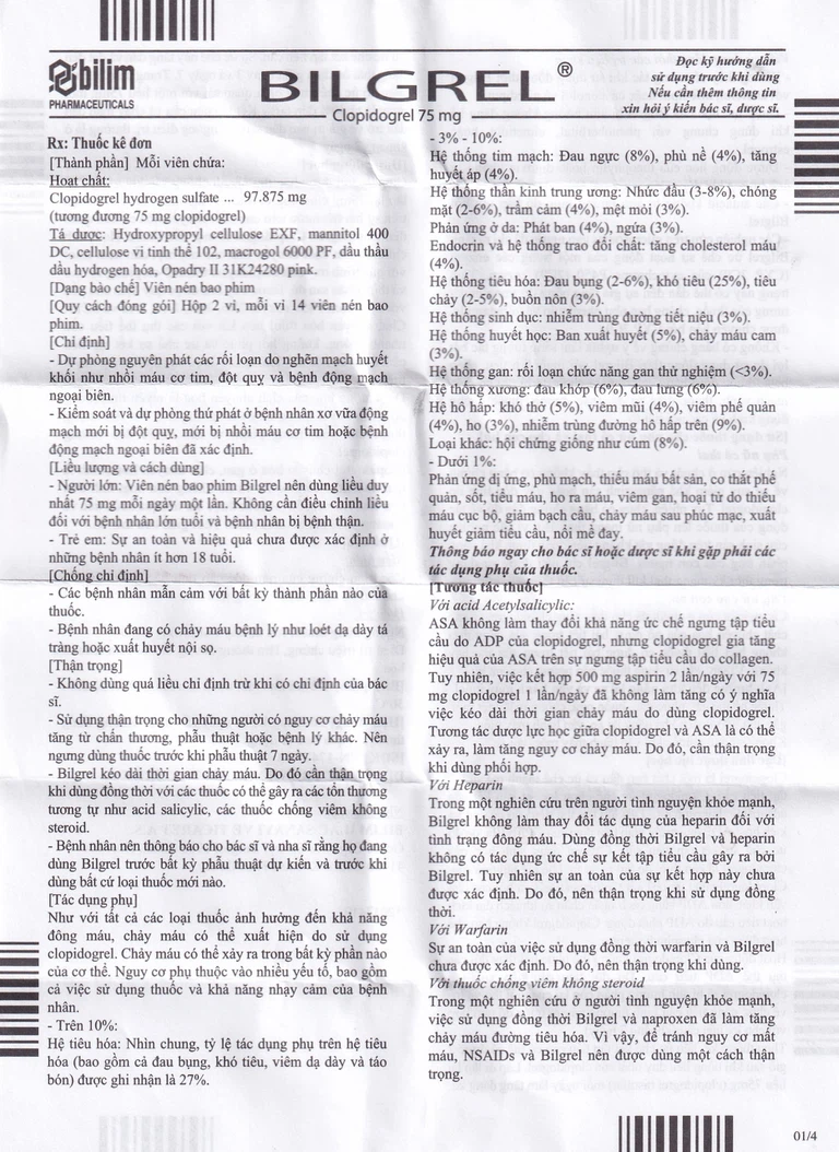 Thuốc Bilgrel 75mg Bilim Ilac điều trị nhồi máu cơ tim, đột quỵ, bệnh động mạch ngoại biên (2 vỉ x 14 viên)