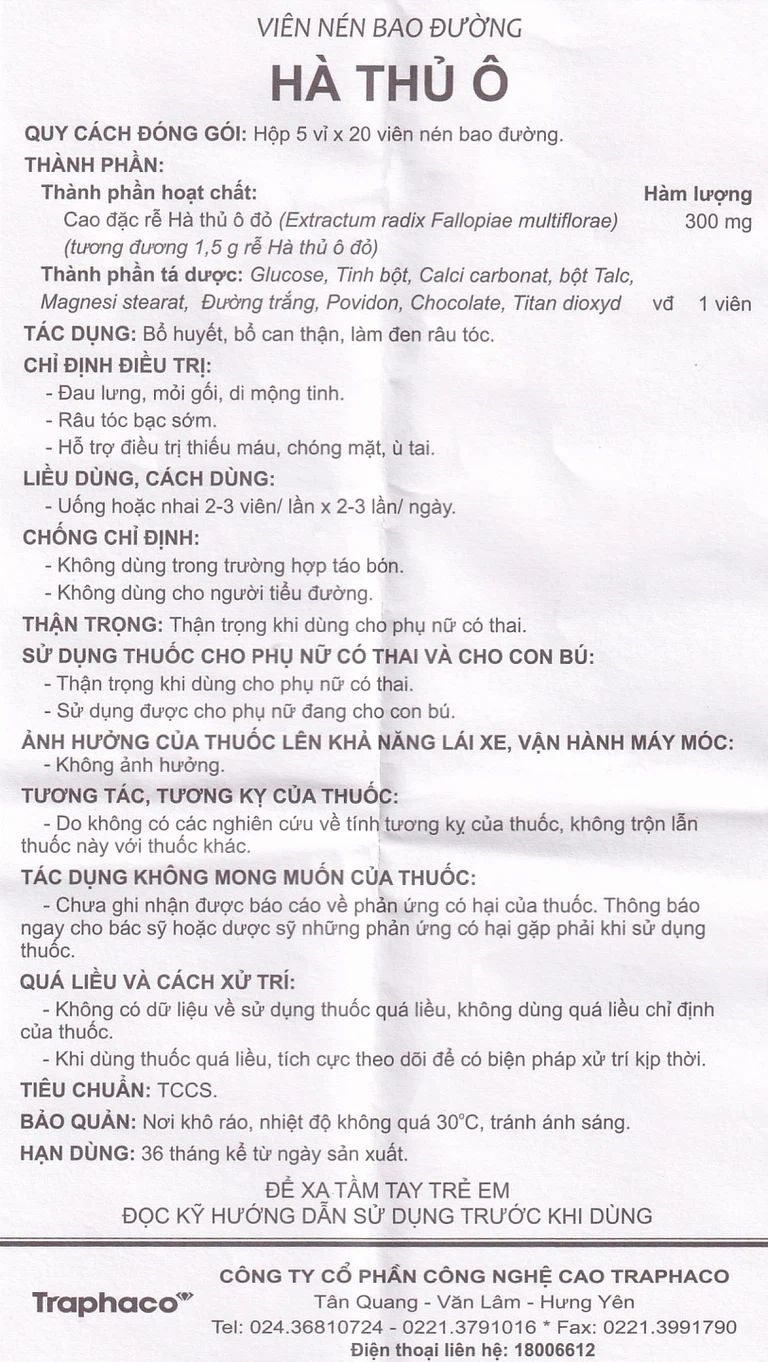 Thuốc Hà Thủ Ô Traphaco điều trị đau lưng, mỏi gối, di mộng tinh (5 vỉ x 10 viên)
