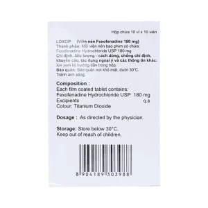 Viên nén Loxcip 180mg Aurochem Pharma điều trị các chứng viêm mũi dị ứng (10 vỉ x 10 viên)