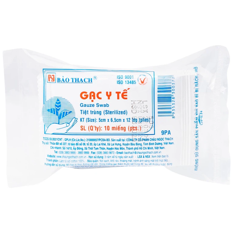 Gạc y tế tiệt trùng 5cm x 6.5cm x 12 lớp Bảo Thạch sơ cứu vết thương, thấm máu và dịch tiết (100 gói)
