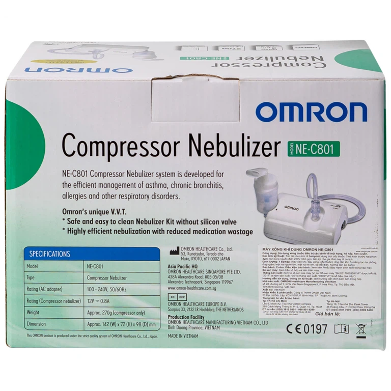 Máy xông khí dung Omron NE-C801 kiểm soát hen suyễn, viêm phế quản mãn tính (1 cái)