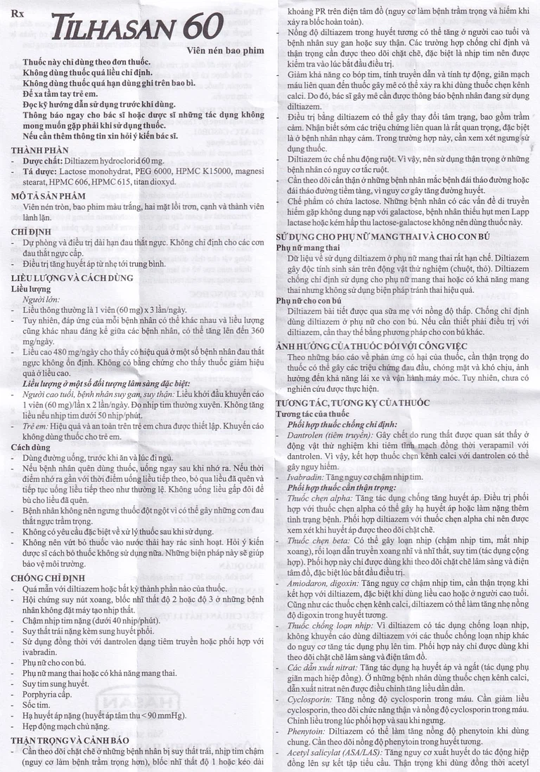 Thuốc Tilhasan 60 Hasan điều trị tăng huyết áp (3 vỉ x 10 viên)