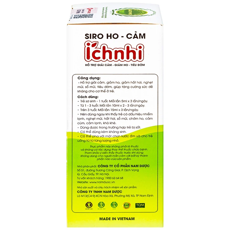 Siro ho cảm Ích Nhi Nam Dược hỗ trợ giải cảm, giảm ho, tiêu đờm (90ml)