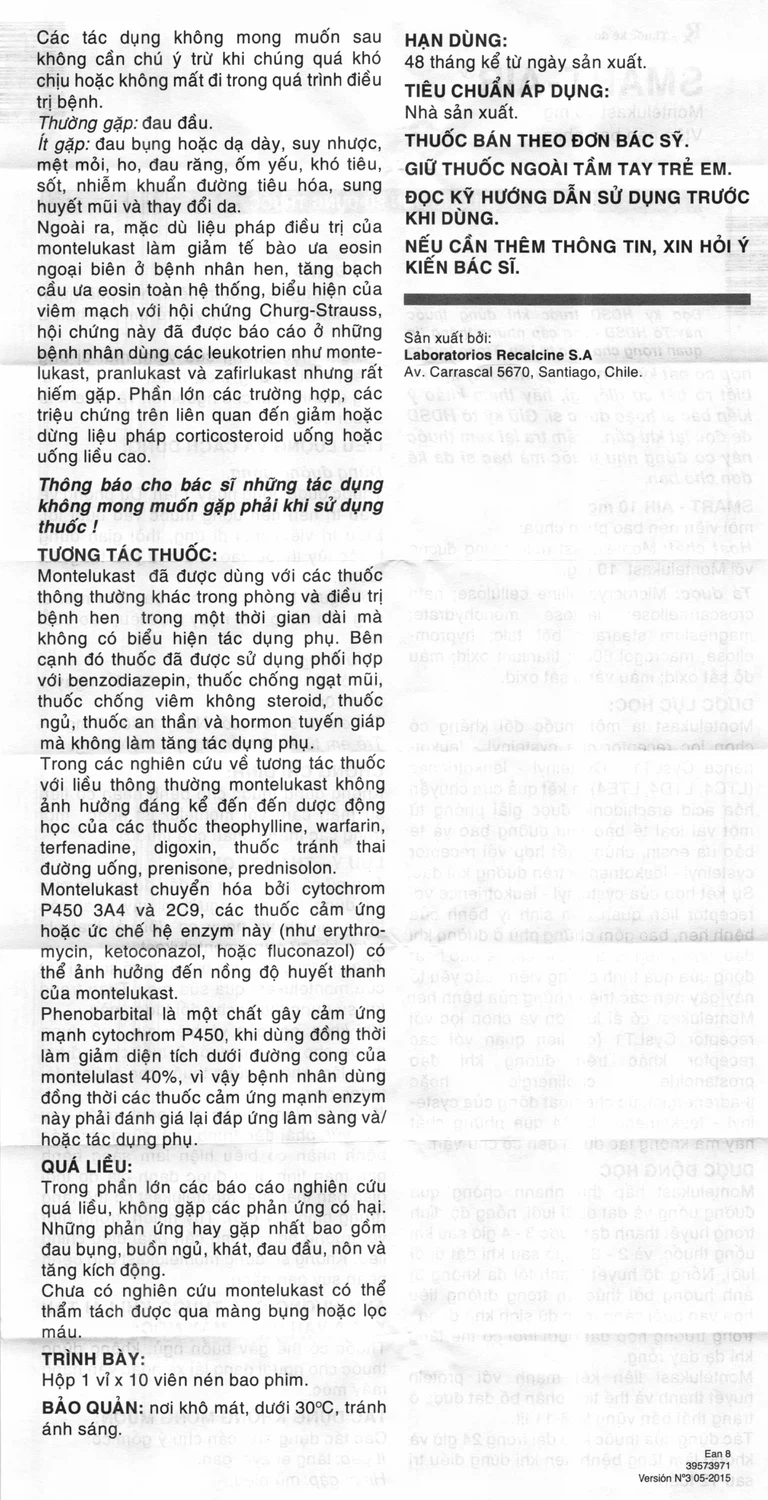 Thuốc Smart-Air 10mg Abbott điều trị hen phế quản mạn tính (1 vỉ x 10 viên)