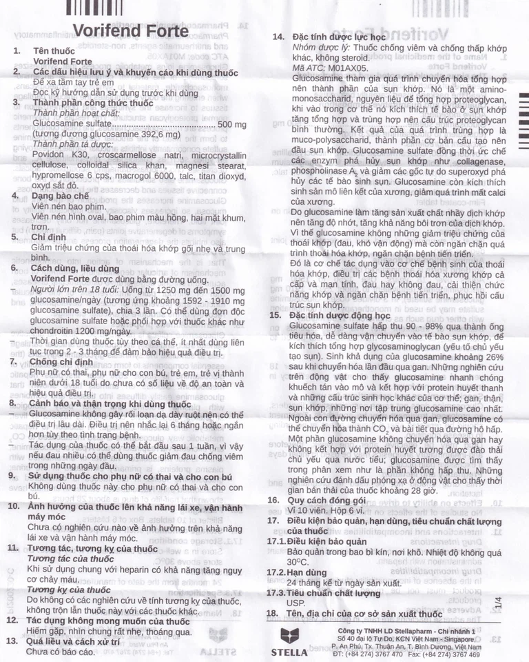 Thuốc Vorifend Forte 500mg Stella giảm triệu chứng của thoái hoá khớp gối (6 vỉ x 10 viên)