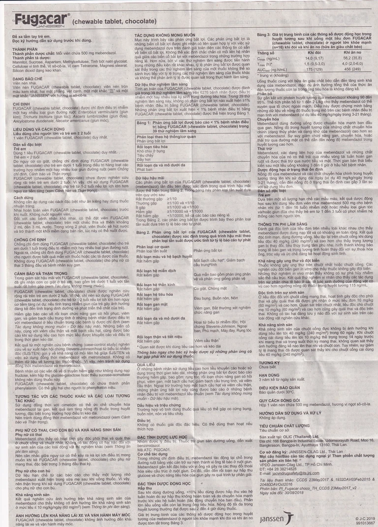Thuốc Fugacar Janssen hương socola điều trị nhiễm một hay nhiều loại giun đường ruột (1 viên)