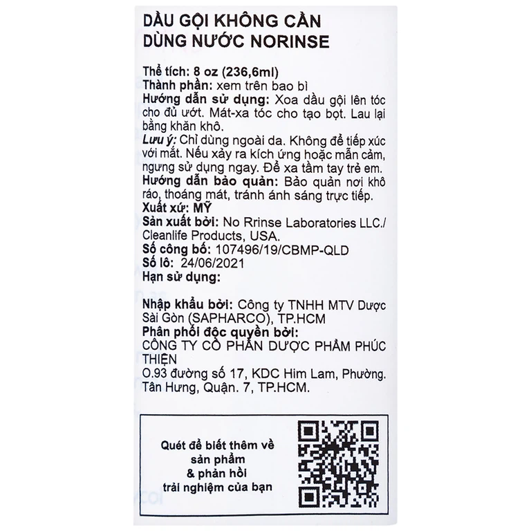 Dầu gội không dùng nước NoRinse Shampoo làm sạch tóc nhẹ nhàng (236,6ml)